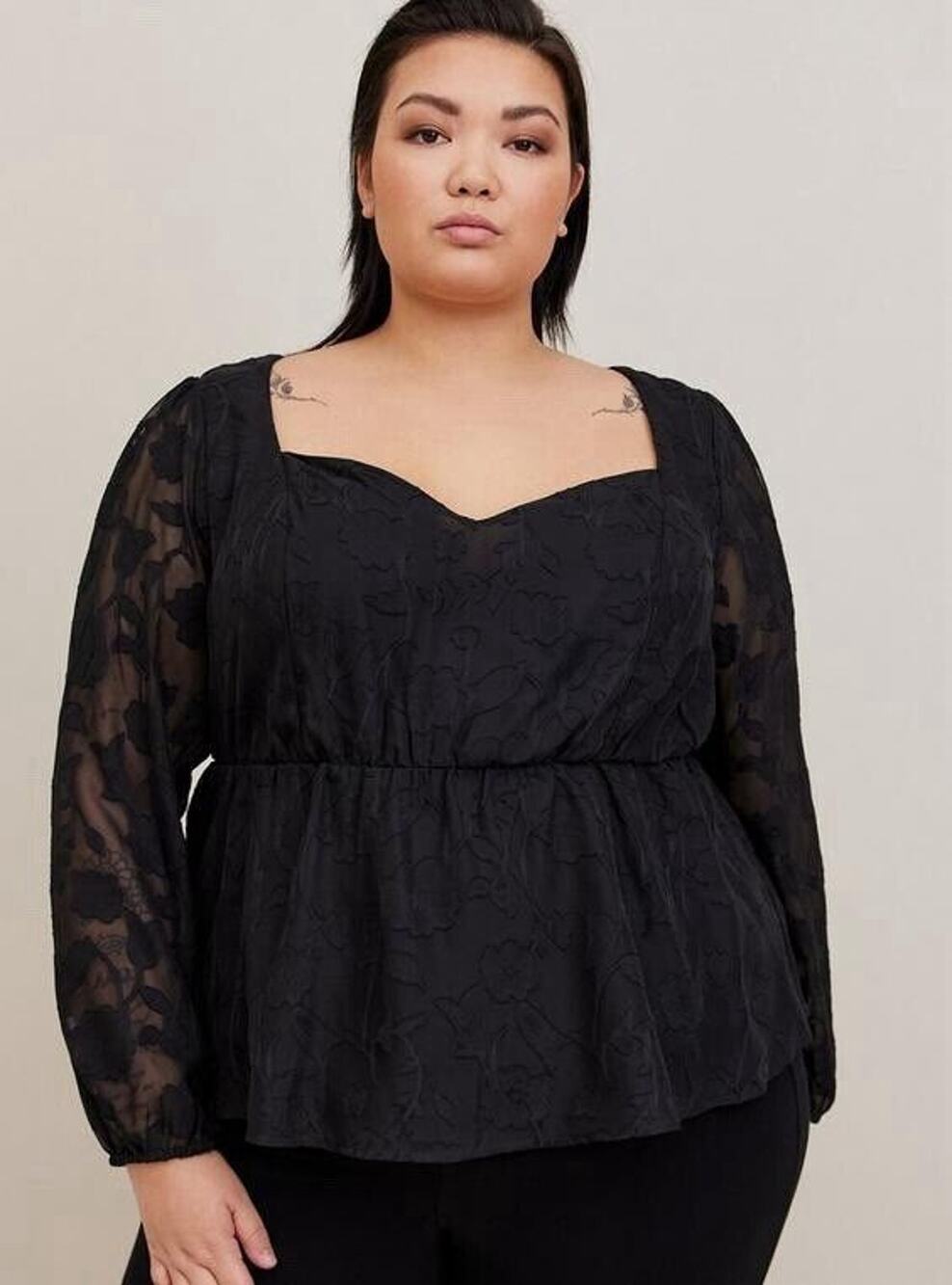 NWT Torrid Peplum Lace Puff Sleeve Blouse Womens Plus 4 Black Long Sleeve Date